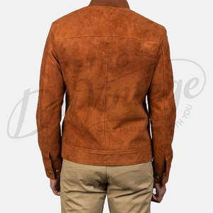 Chaqueta Bomber de Gamuza Genuina Color Cognac para Hombre con Cuello de Béisbol Acanalado y Cierre de Cremallera - Product Image 2
