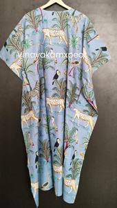 Exquisite Hand-Printed Blue Cotton Casual Midi Kaftan <b>Dress</b> <b>Whimsical</b> Jungle Safari Animal Motifs Including Zebras Leopards - Product Image 3