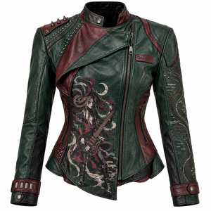 Dark Green Burgundy Women Leather Biker Jacket Graphic Printed Spiked <b>Studded</b> Coat Custom OEM ODM Wholesale Factory Supplier - Product Image 1