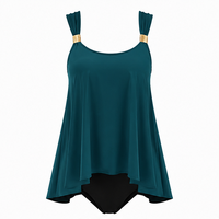 Donkergroene asymmetrische tankini-badkleding voor dames, 2-delige set, effen, zwierige top met gedrapeerde mouwen, tankini-badpakken 2026