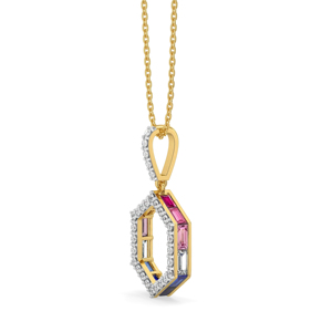 Collar de Lujo para Mujer con Colgante Hexagonal Chapado en Oro de 18K, Diamantes con Corte Baguette y Piedras Preciosas de Colores, Cadena de Caja - Product Image 3
