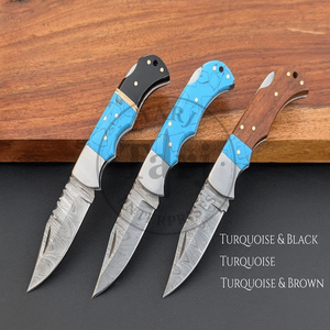 Handmade Damascus Steel Drop Point Folding Knife Set Wooden Resin Handle Industrial Grade Pocket Knife Leather Sheath <b>Fire</b> - Product Image 3