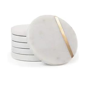 Ensemble de 6 sous-verres en marbre - Décoration moderne esthétique de luxe pour table basse, marbre blanc avec sous-verres en laiton doré - Product Image 1