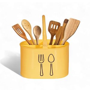 Modern <b>Cutlery</b> <b>Storage</b> Holder with Handle and Dividers in Beige, Mint, Yellow, and Black for Kitchen Use - Product Image 3