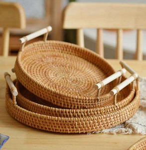 ถาดเสิร์ฟอาหารร้านอาหารราคาส่ง ถาดเสิร์ฟหวาย ถาดหวายกลมพร้อมหูจับ - Product Image 6