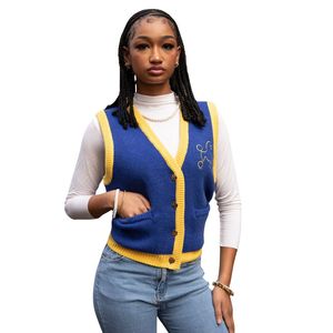 Chaleco de Punto para Mujer, Azul Dorado, Inspirado en la Hermandad, Sin Mangas, Cuello en V, Estilo Casual para Damas - Product Image 1