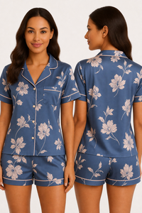 Ensemble de pyjama à manches courtes pour femmes, imprimé floral bleu, avec col rabattu, fermeture à boutons, vêtements de nuit d'été - Product Image 1