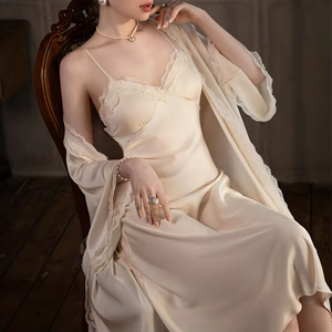 Conjunto de Dos Piezas de Lencería Sexy de Seda para Dormir, Camisón con Tirantes, Ropa de Dormir Larga de Seda para Mujer - Product Image 2