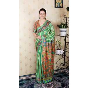 ชุดราตรีผ้าไหมทัสซาร์สีเขียวทะเลแบบนุ่มพิเศษ ลายทาง สำหรับงานปาร์ตี้ พร้อมลายปักดิ้นทอง - Product Image 1