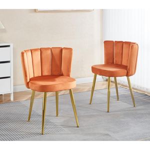 Juego de 2 Sillas de Comedor Modernas Color Naranja, Respaldo de Terciopelo Cómodo con Patas de Tubo de Hierro Color Dorado para Comedor - Product Image 1