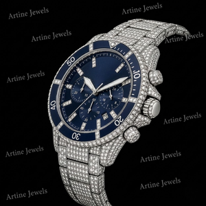Montre chronographe de luxe avec cadran bleu serti de diamants CZ, en acier inoxydable, style hip-hop pour hommes - Product Image 2