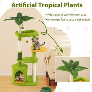 Arbre à chat compact de 48 pouces avec feuilles tropicales, auto-toilettant et griffoirs, vert et orange - Product Image 6