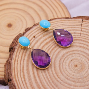 Pendientes Colgantes de Oro Amarillo Sólido de 18K con Perlas Naturales, Amatistas y Turquesas, Joyería Fina, Memoria Jewels - Product Image 4