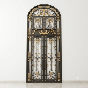 Portes d'entrée de sécurité en fer forgé cintrées sur mesure avec verre décoratif, battantes, finies, résistantes à l'eau, pour extérieur - Product Image 1