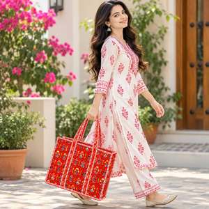 <b>Red</b> Floral Canvas Tote Bag Candy Stripe Trim Bohemian Style Open Top Shopping Bag All Seasons - Product Image 2