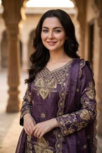 Ensemble Kurti en soie brodée violette pour femmes, Salwar Kameez avec Dupatta, tenue ethnique traditionnelle pour mariage et fête - Product Image 4