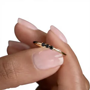 925 Sterling Silver 18K Gold Plated Black Onyx Prong Setting Dainty Engagement Ring Minimalist Wedding Band Promise Ring - Product Image 3