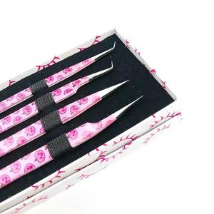 <b>Pink</b> Skull Pattern Eyelash Tweezers <b>Set</b> Stainless Steel Precision <b>Tools</b> in Box Packaging - Product Image 3