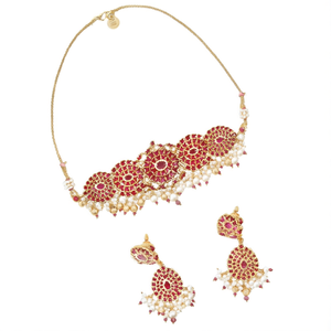 24K Gold & Rhodium Plated Ruby Handset Choker with Pearl Earrings Set - Product Image 2