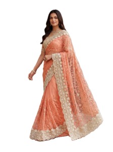 Sari élégant en corail de créateur avec broderies et perles, idéal pour les mariages – Tenue ethnique indienne pour femme - Product Image 2