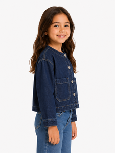 Chaqueta Vaquera Azul Oscuro para Niñas, Prenda Exterior Informal, Chaqueta Vaquera de Algodón de Primera Calidad, Diseño Elegante con Botones en la Parte Delantera, Manga Larga - Product Image 2