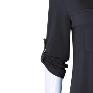 Blusa negra de mujer con cremallera de un cuarto, manga fruncida tres cuartos, cuello camisero, ajuste holgado, top informal - Product Image 5