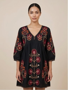 Summer Woven Button Eco-Friendly Maxi <b>Black</b> V-Neck Boho Loose Fit Short Sleeve Casual Dress - Product Image 3