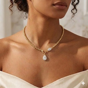 Collier chaîne à billes en or 14K avec pendentif goutte taille poire et halo marquise, chaîne à perles, collier pendentif tendance - Product Image 5