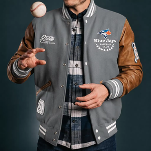 Blouson universitaire de baseball personnalisé à un bouton avec col rayé, en polyester tendance, idéal pour les couples, polyvalent, directement de l'usine - Product Image 3