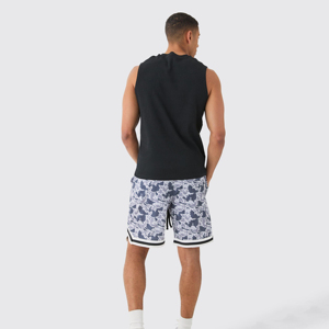 Custom Mens Grey Camo Mesh Basketball Shorts Striped Trim Drawstring Elastic Waist Casual <b>Athletic</b> Sports Camouflage Trunks - Product Image 3