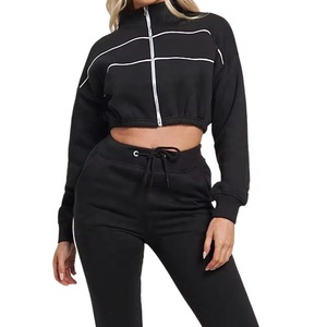 Jersey de chándal de algodón 100%, Top corto bordado con apliques, patrón sólido lavado a la piedra, forro polar para mujer, Personalización completa - Product Image 1