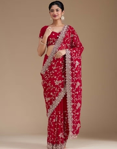 Sari en georgette KV pour femme avec broderie Zari (dorée) et chemisier non cousu - Product Image 2