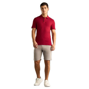 เสื้อโปโลผู้ชายแขนสั้นสีพื้นผ้าถักทรงปกติลำลองสีแดง - Product Image 1