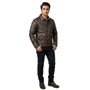 Vintage Brown Coated Genuine Leather Breathable Varsity <b>Jacket</b> Men Casual Plus Size 4XL Hooded Stand Collar <b>Slim</b> <b>Fit</b> Autumn - Product Image 1