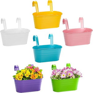 6 Pack Metal Railing Planter For Outdoor Plants, Balcony Hanging Flower Pots With Detachable <b>Hooks</b> And Drain Holes, Oval Bucket - Product Image 1