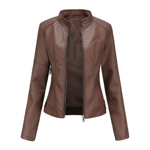 Trendy product <b>Women's</b> <b>Brown</b> PU <b>Leather</b> Moto <b>Jacket</b> Windproof Solid Color Regular Length Full Sleeve Stand Collar Zipper Closure - Product Image 3