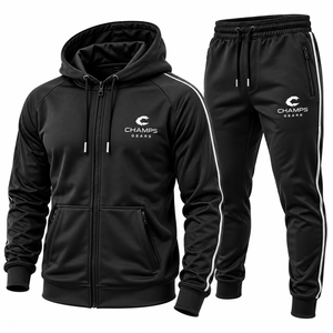 CHAMPS Men's Winter Sublimation Hooded Tracksuit Full <b>Zip</b> Jacket <b>Jogger</b> Set Sporty Athletic Wear Solid Color Breathable - Product Image 2