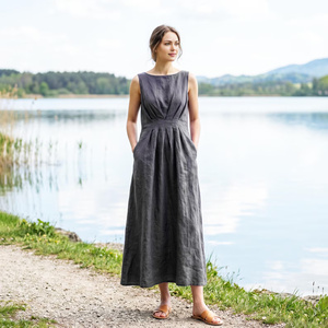 Cotton V-neck <b>Bell</b> <b>Sleeve</b> A-Line High Waist Breathable Bow Pockets Vintage Casual Daily All Seasons Midi Handmade <b>Dress</b> - Product Image 1