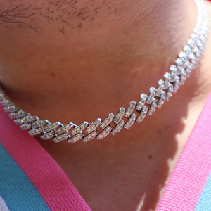 Men's Rhodium Plated 925 <b>Silver</b> <b>Choker</b> Necklace With Crystal Rhinestones Channel Set Link Chain Hiphop Style Everyday Wear - Product Image 1