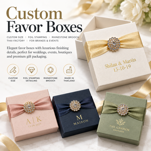 Personalized <b>Wedding</b> Favor <b>Box</b> with Gold Foil Logo Satin Ribbon Rhinestone Brooch Custom Gift <b>Box</b> Wholesale - Product Image 2