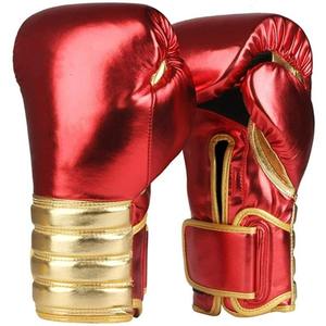 Gants de boxe rouges en PU avec bordure dorée, fermeture Velcro, sangle de poignet réglable pour adultes - Product Image 1