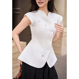 Chaleco Elegante Blanco Asimétrico para Mujer, con Mangas Cortas, Estilo Oficina, Moderno, Casual de Negocios, Marca YONA - Product Image 3