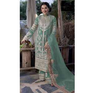 DESIGNER GEORGETTE BRODERIE SÉQUENCE TRAVAIL TOP PALAZZO AVEC DUPATTA VERT DE MER - Product Image 1