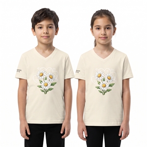 T-shirt unisexe pour enfants à col en V, motif floral, impression par sublimation, hauts décontractés pour garçons et filles, fabricant de vêtements personnalisés en gros - Product Image 1