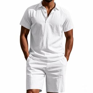 Conjunto Casual de Verano para Hombre de Dos Piezas, 100% Algodón, Traje de Playa Corto Tejido, Camisa y Pantalones en Colores Sólidos - Product Image 5