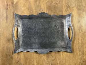 Rectangular Embossed Metal Serving <b>Tray</b> Set of 2 Large Silver Floral Decorative Platters with Wooden <b>Side</b> Handle or Coffee <b>Table</b> - Product Image 3