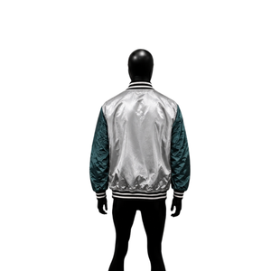 Veste de baseball premium en satin argenté brillant et vert sarcelle foncé, avec manches contrastées rayées noir et blanc - Product Image 2