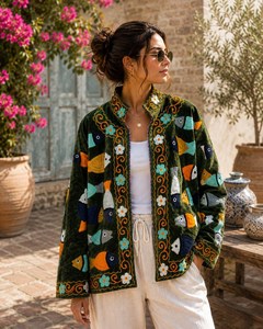 Veste en coton brodée à la main avec motif poisson, style bohème, pour femme, manteau artisanal, kimono de festival, blazer d'hiver, cadeau pour elle - Product Image 1