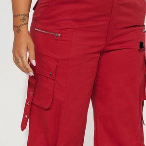 Women High Waist Cargo Pants Solid Red Loose Fit Full Length With Pockets Utility Style Canvas Fabric Breathable Woven - Product Image 5