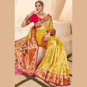 Golden <b>Tissue</b> Silk Saree Rich Shimmer Texture Artistic Woven Pattern Designer Indian Diwali Party <b>Wedding</b> Wear Floor-Length - Product Image 3